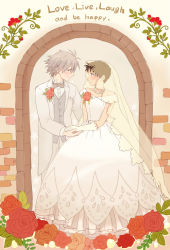 Rule 34 | 2boys, arch, bad id, bad pixiv id, black hair, blush, bow, bowtie, brick wall, bridal veil, bride, corsage, couple, crossdressing, dress, dress shirt, english text, eye contact, flower, formal, gloves, gown, grey jacket, grey pants, groom, hezeo (suz888), holding hands, ikari shinji, jacket, jewelry, light smile, long sleeves, looking at another, male bride, male focus, multiple boys, nagisa kaworu, necklace, neon genesis evangelion, off-shoulder dress, off shoulder, pants, pearl necklace, profile, red flower, red rose, rose, shirt, side-by-side, silver hair, suit, traditional bowtie, trap, tuxedo, veil, vest, wedding dress, white dress, white gloves, white shirt, yaoi