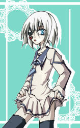 Rule 34 | 10s, 1boy, blue eyes, crossdressing, dies irae, eyepatch, male focus, shinza bansho series, simple background, solo, striped, striped background, tongue, trap, white hair, wolfgang schreiber
