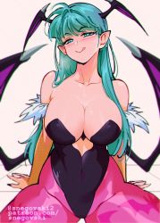 Rule 34 | 1girl, animal print, aqua hair, bare shoulders, bat print, black leotard, black nails, blush, breasts, bridal gauntlets, capcom, cleavage, clothing cutout, collarbone, covered navel, cowboy shot, demon girl, demon wings, feather trim, head wings, heart, heart-shaped pupils, heart cutout, highres, large breasts, leotard, licking lips, long hair, looking at viewer, morrigan aensland, nail polish, pantyhose, pink pantyhose, pointy ears, print pantyhose, sitting, snegovski, solo, spread legs, strapless, strapless leotard, symbol-shaped pupils, tongue, tongue out, vampire (game), wings