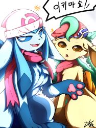 Rule 34 | absurdres, ambiguous gender, animal focus, blue hair, blue sclera, brown eyes, brown sclera, colored sclera, cosplay, creatures (company), dawn (pokemon), fang, game freak, gen 4 pokemon, glaceon, hat, highres, knox is not dead, leafeon, lucas (pokemon), nintendo, open mouth, pokemon, pokemon (creature), pokemon dppt, scarf, sidelocks, sitting, smile, white background, white eyes