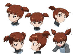 Rule 34 | 1girl, blunt bangs, closed mouth, concept art, from side, girls und panzer, hair tie, keizoku military uniform, mikko (girls und panzer), multiple views, official art, open mouth, red eyes, red hair, short hair, short twintails, simple background, twintails, white background, zipper pull tab