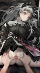 Rule 34 | 1boy, 1girl, absurdres, arknights, bag, bar censor, black gloves, black jacket, black skirt, blush, breasts, censored, chain, closed mouth, earrings, gloves, grey eyes, head wings, hetero, highres, irene (arknights), jacket, jewelry, lifting own clothes, long hair, long sleeves, looking down, lying, medium breasts, miniskirt, multicolored clothes, multicolored skirt, no panties, no pants, nopetroto, on back, pantyhose, planted, planted sword, planted weapon, purple skirt, pussy, scar, scar across eye, scar on face, shoulder bag, silver hair, skirt, solo focus, split, spread legs, spread pussy, sword, torn clothes, torn legwear, very long hair, weapon, white pantyhose, white skirt, wings