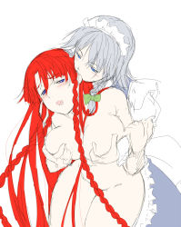 Rule 34 | 2girls, biting, blue eyes, blush, braid, grabbing another&#039;s breast, breasts squeezed together, breasts, censored, convenient censoring, ear biting, female focus, grabbing, grabbing from behind, highres, hong meiling, hug, hug from behind, izayoi sakuya, large breasts, long hair, maid, maid headdress, moaning, multiple girls, niwatazumi, no headwear, no headwear, nude, open mouth, red hair, silver hair, touhou, twin braids, very long hair, yuri