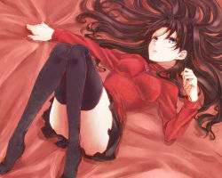 Rule 34 | 1girl, black hair, black thighhighs, blue eyes, convenient leg, fate/stay night, fate (series), kanade (reveryearth), long legs, lying, on back, solo, thighhighs, tohsaka rin, two side up
