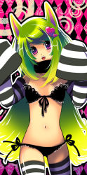 Rule 34 | animal ears, black panties, bra, character request, detached sleeves, front-tie top, green hair, lingerie, navel, panties, pink eyes, scarf, shima chiyo, side-tie panties, solo, source request, striped clothes, striped thighhighs, thighhighs, underwear
