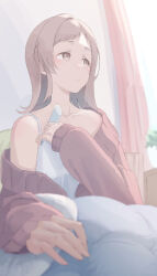 Rule 34 | 1girl, :o, absurdres, blush, camisole, cardigan, collarbone, digital thermometer, highres, idolmaster, idolmaster shiny colors, indoors, light brown hair, looking ahead, masshiromilktea11014, pink cardigan, sakuragi mano, sitting, solo, thermometer, white camisole