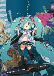 Rule 34 | 1girl, blue hair, guitar, hatsune miku, instrument, long hair, ratte, skirt, solo, spring onion, star (symbol), thighhighs, trumpet, twintails, vocaloid