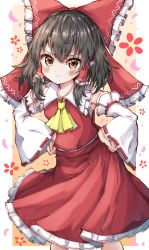 Rule 34 | 1girl, absurdres, ascot, bare shoulders, black hair, blush, bow, brown eyes, closed mouth, detached sleeves, feet out of frame, hair between eyes, hair bow, hair tubes, hakurei reimu, highres, japanese clothes, kayon (touzoku), nontraditional miko, pout, red bow, red skirt, ribbon-trimmed sleeves, ribbon trim, short hair, sidelocks, skirt, solo, touhou, wide sleeves, yellow ascot