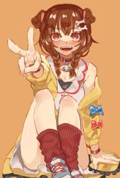 Rule 34 | 1girl, animal collar, animal ears, blue bow, blush, bone hair ornament, bow, braid, brown eyes, brown hair, collar, dog ears, dog girl, dress, fangs, hair between eyes, hair ornament, highres, hololive, inugami korone, jacket, jc (pixiv 66949345), long hair, looking at viewer, low twin braids, off shoulder, open mouth, orange background, red bow, red collar, red eyes, red socks, shoes, simple background, sitting, sleeveless, sleeveless dress, smile, sneakers, socks, solo, twin braids, v, virtual youtuber, white dress, yellow jacket