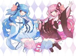 Rule 34 | 2girls, ;d, argyle, argyle background, argyle clothes, arm up, bad id, bad pixiv id, black dress, blue hair, blue ribbon, blue thighhighs, blunt bangs, blush, boots, brown footwear, detached sleeves, dress, fang, full body, hair ribbon, hair tie, happy birthday, heart, holding hands, interlocked fingers, jumping, knee boots, konpe itou, kotonoha akane, kotonoha aoi, long hair, long sleeves, looking at viewer, multiple girls, one eye closed, open mouth, pink hair, pink legwear, red eyes, red ribbon, revision, ribbon, sailor collar, sailor dress, siblings, sidelocks, sisters, smile, thighhighs, twins, very long hair, voiceroid, waving, white dress, white footwear, white sailor collar, wide sleeves, zettai ryouiki