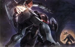 Rule 34 | cave, dark, flying, glowing, glowing eyes, gm (mobile suit), gun, gundam, highres, impaled, machinery, mecha, mobile suit gundam, no humans, official art, outdoors, red eyes, rifle, robot, rx-78-2, shield, silhouette, standing, weapon, z&#039;gok, z&#039;gok char custom