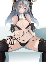 Rule 34 | 1girl, :d, absurdres, arm behind back, bare shoulders, black panties, black thighhighs, blue eyes, blue gemstone, blush, boots, breasts, clothes pull, date a live, detached collar, gem, grey hair, habit, hand on own stomach, highres, honjou nia, looking at viewer, midriff, naughty face, navel, no bra, nun, open mouth, panties, revealing clothes, short hair, side-tie panties, sitting, small breasts, smile, solo, spread legs, teasing, thigh boots, thighhighs, underwear, yuki kuro 96