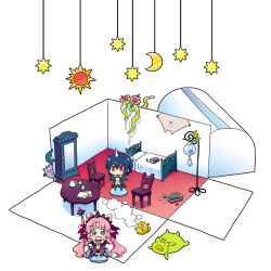 Rule 34 | bed, chair, chibi, kagaku no ouji to mahou no hime, monster, moon, room, star (symbol), sun, suzuki kokono, table, tentacles