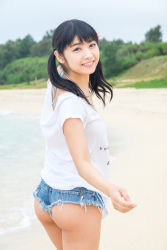 Rule 34 | 1girl, asian, ass, back, bikini, black hair, curvy, denim, from behind, highres, idol, japanese (nationality), jeans, lips, looking at viewer, looking back, nagai rina, narrow waist, pants, photo (medium), pouty lips, shiny skin, smile, solo, swimsuit, thighs, wedgie