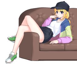 Rule 34 | 1girl, baseball cap, blonde hair, blue eyes, blush, couch, female focus, full body, hat, highres, long hair, looking at viewer, paripi koumei, shorts, simple background, solo, solux, tennis, tsukimi eiko, white background
