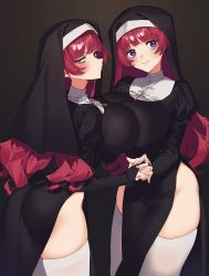 Rule 34 | 2girls, 2l (2lsize), absurdres, ass, black dress, breast press, breasts, bridal gauntlets, closed mouth, cross, cross necklace, dress, habit, highres, holding hands, interlocked fingers, jewelry, large breasts, long hair, long sleeves, multiple girls, nail polish, necklace, nun, original, purple hair, red hair, red nails, side slit, simple background, smile, standing, thighhighs, thighs, very long hair, white thighhighs