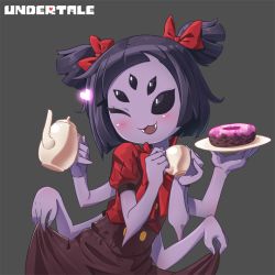 Rule 34 | 1girl, arthropod girl, black eyes, black hair, blush, clothes lift, colored skin, copyright name, cup, curtsey, doughnut, dress, dress lift, extra arms, extra eyes, fangs, food, heart, holding, insect girl, monster girl, muffet, one eye closed, open mouth, plate, purple skin, ribbon, shirt, short hair, short twintails, smile, solo, spider girl, ssorasora, teacup, teapot, twintails, two side up, undertale