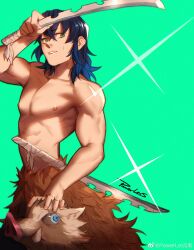 Rule 34 | 1boy, abs, absurdres, black hair, blue hair, boar mask, dual wielding, feet out of frame, gradient hair, green background, green eyes, hashibira inosuke, highres, holding, holding sword, holding weapon, kimetsu no yaiba, multicolored hair, nipples, pectorals, powerlesssong, solo, sparkle background, standing, sweat, sword, toned, toned male, topless male, weapon