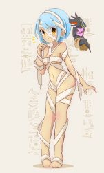 Rule 34 | 1girl, ^^^, anubis (mythology), bandages, blue hair, blush, breasts, commentary request, full body, highres, holding, inon, looking at viewer, naked bandage, navel, notice lines, original, short hair, simple background, small breasts, solo, standing, yellow eyes