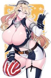 Rule 34 | 1girl, american flag legwear, asymmetrical legwear, bad id, bad pixiv id, blonde hair, blue eyes, blush, breasts, chain, cleavage, closed eyes, curvy, elbow gloves, fingerless gloves, flag print, front-tie top, full body, garter straps, gloves, hair between eyes, highres, huge breasts, iowa (kancolle), kantai collection, long hair, looking at viewer, master cake, miniskirt, mismatched legwear, navel, open mouth, sidelocks, skirt, solo, standing, standing on one leg, star-shaped pupils, star (symbol), striped clothes, striped thighhighs, symbol-shaped pupils, thick thighs, thighhighs, thighs, undersized clothes, vertical-striped clothes, vertical-striped thighhighs