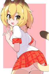 Rule 34 | 1girl, animal ears, bad id, bad pixiv id, blouse, brown thighhighs, commentary, from behind, fur collar, highres, kemono friends, leaning forward, lion (kemono friends), lion ears, lion tail, looking at viewer, looking back, miniskirt, open mouth, orange skirt, outside border, pink background, plaid, plaid skirt, pleated skirt, shirt, short sleeves, skirt, smile, solo, standing, tail, takom, thighhighs, white shirt, yellow eyes