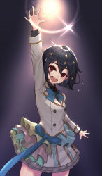 Rule 34 | 1girl, absurdres, arm up, bad id, bad pixiv id, black hair, black shirt, blue ribbon, bow, bowtie, commentary request, darutanyan1023, flower, hair flower, hair ornament, highres, idol, jacket, layered skirt, looking at viewer, miniskirt, mizuno ai, neck ribbon, open mouth, red eyes, ribbon, shirt, short hair, skirt, solo, stage lights, water drop, wet, white jacket, zombie land saga