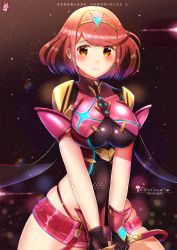 Rule 34 | 1girl, armor, artist name, black gloves, blush, breasts, chinchongcha, closed mouth, copyright name, cowboy shot, glint, gloves, gold trim, hair ornament, headpiece, highres, large breasts, looking at viewer, micro shorts, miniskirt, neon trim, nintendo, pyra (xenoblade), red eyes, red hair, red shorts, short hair, short shorts, shorts, skindentation, skirt, smile, solo, split mouth, swept bangs, tiara, xenoblade chronicles (series), xenoblade chronicles 2
