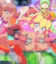 Rule 34 | 1boy, 2girls, anus, ass, blonde hair, blue eyes, brown eyes, brown hair, clothes, crown, facial hair, gloves, hands on another&#039;s ass, hat, highres, long hair, luigi, mario, mario (series), mario strikers charged, multiple girls, nintendo, open clothes, pixzapix, princess daisy, princess peach, pussy, spread anus, surprised, tongue, tongue out, top-down bottom-up, voyeurism, yuri