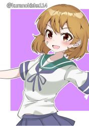 Rule 34 | 1girl, bandaid, bandaid on face, blue neckerchief, blue sailor collar, blue skirt, brown eyes, highres, kantai collection, kurano kisuke, light brown hair, neckerchief, oboro (kancolle), one-hour drawing challenge, outstretched arms, pleated skirt, purple background, sailor collar, sailor shirt, school uniform, serafuku, shirt, skirt, smile, solo, twitter username, two-tone background, white shirt