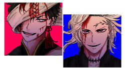 2boys absurdres angry_smile bare_shoulders black_hair black_shirt bleeding bleeding_from_forehead blindfold blood blood_on_face blue_background blue_eyes centipede_tattoo cheek_tattoo chinese_clothes choker cuts ear_piercing earrings facial_tattoo forehead_tattoo furrowed_brow gold_trim hades_(shuumatsu_no_valkyrie) half-closed_eyes high_collar highres injury jewelry leaf_tattoo looking_at_viewer male_focus multicolored_hair multiple_boys one_eye_covered open_mouth piercing purple_eyes qin_shi_huang_(shuumatsu_no_valkyrie) red_earrings red_hair red_tassel shirt short_hair shuumatsu_no_valkyrie simple_background single_earring smile solo spiked_choker spikes streaked_hair tagme tassel tassel_earrings tattoo teeth two-tone_hair upper_body white_background white_hair