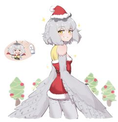 Rule 34 | 1girl, bird legs, blush, claws, dress, feathered wings, feathers, grey feathers, grey wings, harpy, hat, highres, looking at viewer, mono (sifserf), monster girl, original, owl girl, santa costume, santa dress, santa hat, short hair, sifserf, simple background, smile, solo, sparkle, talons, winged arms, wings, yellow eyes