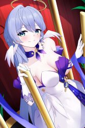 Rule 34 | 1girl, absurdres, aqua eyes, bare shoulders, bead bracelet, beads, bracelet, breasts, choker, cleavage, commentary request, cowboy shot, dress, gloves, head wings, highres, honkai: star rail, honkai (series), jewelry, large breasts, long hair, looking at viewer, purple choker, purple hair, robin (honkai: star rail), smile, solo, strapless, strapless dress, white dress, white gloves, wings, zerotwenty (020)