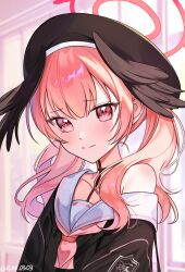 Rule 34 | 1girl, beret, black headwear, black shirt, blue archive, blush, brown wings, closed mouth, collarbone, commentary request, day, feathered wings, halo, hat, head wings, highres, koharu (blue archive), long hair, looking at viewer, off shoulder, pink eyes, pink hair, rin (ryne 0303), sailor collar, shirt, solo, sunlight, twintails, twitter username, upper body, white sailor collar, window, wings