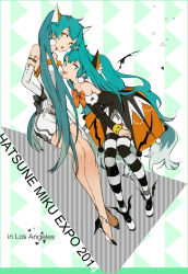 Rule 34 | 10s, 2014, 2girls, anklet, character name, crossed legs, elbow gloves, gloves, green eyes, green hair, hatsune miku, high heels, jewelry, long hair, multiple girls, orange eyes, striped clothes, striped legwear, striped thighhighs, suou (sdurorhr), thighhighs, twintails, very long hair, vocaloid