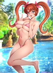 Rule 34 | 1girl, bikini, breasts, brown hair, character request, coconut tree, collarbone, copyright request, fountain, grey eyes, highres, large breasts, lens flare, navel, oyaman, palm tree, photo background, pink bikini, pool, solo, standing, standing on one leg, swimsuit, tree, twintails, twitter username