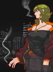 Rule 34 | 1girl, absurdres, alternate costume, bare shoulders, belt, blowing smoke, building, cigarette, city, city lights, cityscape, collarbone, contemporary, green hair, hand in pocket, highres, holding, holding cigarette, jacket, jewelry, kazami yuuka, long sleeves, looking afar, looking up, medium hair, night, off-shoulder shirt, off shoulder, open clothes, open jacket, outdoors, pants, pendant, pocket, red eyes, shirt, sidelocks, skinnytorch, skyscraper, smoke, smoking, solo, touhou, unzipped, upper body, zipper