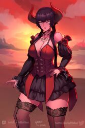 Rule 34 | 1girl, absurdres, artist name, black hair, black skirt, black sleeves, black thighhighs, breasts, chest tattoo, cleavage, commentary, commission, corset, cowboy shot, curvy, demon horns, detached sleeves, eliza (tekken), english commentary, flower, frilled skirt, frills, gad the god, gothic lolita, hair over shoulder, hand on own hip, highres, horns, lace, lace legwear, large breasts, lolita fashion, long hair, looking at viewer, low twintails, neck tattoo, plunging neckline, purple lips, purple nails, red horns, ringed eyes, rose, seamed legwear, skirt, solo, standing, sunrise, tattoo, tekken, tekken 7, thick thighs, thighhighs, thighs, twintails, watermark, wide hips, yellow eyes, zettai ryouiki
