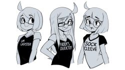 Rule 34 | 1girl, ahoge, beak, black-framed eyewear, clothes writing, collarbone, cropped torso, cteno (slugbox), english text, fang, female focus, fuck-me shirt, glasses, highres, looking at viewer, looking to the side, meme attire, monochrome, multiple views, one eye closed, open mouth, original, rimless eyewear, semi-rimless eyewear, shirt, short sleeves, slugbox, t-shirt, tongue, tongue out, wink