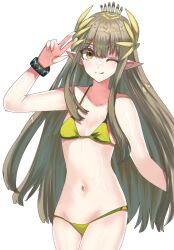 Rule 34 | 1girl, ;), ;p, arknights, bare arms, bare shoulders, bikini, blue sealad, brown eyes, commentary, cowboy shot, green bikini, grey hair, hand up, highres, infection monitor (arknights), long hair, looking at viewer, mole, mole under eye, muelsyse (arknights), navel, one eye closed, pointy ears, simple background, smile, solo, standing, stomach, swimsuit, thighs, tongue, tongue out, very long hair, w, white background
