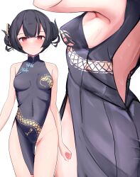 Rule 34 | 1girl, absurdres, black hair, blue archive, breasts, closed mouth, cosplay, dragon print, dress, gluteal fold, highres, idolmaster, idolmaster shiny colors, kisaki (blue archive), kisaki (blue archive) (cosplay), looking at viewer, morino rinze, multiple views, nakoni (solalalala), pelvic curtain, print dress, red eyes, simple background, sleeveless, sleeveless dress, small breasts, smile, sweat, white background