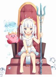 Rule 34 | 1girl, :d, ahoge, animal, animal on head, blue eyes, blue hair, blue nails, blush, bracelet, commentary, dress, ebi-chan (gawr gura), english commentary, full body, gawr gura, gawr gura (party dress), highres, holding, holding polearm, holding weapon, hololive, hololive english, jewelry, kirby, kirby (series), kuri (animejpholic), laurel crown, long hair, looking at viewer, multicolored hair, nail polish, nintendo, on head, open mouth, polearm, sharp teeth, sidelocks, signature, silver hair, simple background, sitting, smile, streaked hair, teeth, throne, toenail polish, toenails, trident, twintails, upper teeth only, virtual youtuber, water kirby, weapon, white background, white dress