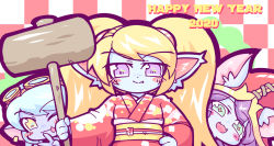 Rule 34 | 2020, 3girls, :3, animal ears, blonde hair, blue hair, blush stickers, commentary request, earrings, fang, fangs, goggles, goggles on head, gold earrings, green eyes, hammer, happy new year, holding, holding hammer, jewelry, kayo!! (gotoran), league of legends, looking at viewer, lulu (league of legends), multiple girls, new year, poppy (league of legends), purple eyes, purple hair, simple background, smile, tongue, tongue out, tristana, v, yellow eyes, yordle
