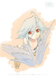 Rule 34 | 10s, 1girl, 2015, ahoge, blue hair, blue wings, copyright name, downblouse, feathered wings, flat chest, full body, harpy, looking at viewer, monster girl, monster musume no iru nichijou, naked shirt, official art, okayado, orange eyes, papi (monster musume), shirt, simple background, sitting, solo, winged arms, wings