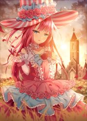 Rule 34 | 1girl, absurdres, backlighting, blue eyes, blush, church, cloud, collar, collarbone, cowboy shot, crying, crying with eyes open, detached collar, detached sleeves, dress, elizabeth bathory (fate), elizabeth bathory (fate/extra ccc), elizabeth bathory (third ascension) (fate), fate/grand order, fate (series), flower, frilled collar, frilled dress, frills, hand on own chest, hat, hat flower, highres, junpaku karen, layered dress, light particles, long hair, looking at viewer, meadow, nail polish, outdoors, parted lips, petals, pink dress, pink flower, pink hair, pink hat, pink nails, pink rose, red flower, red rose, rose, sad, sleeveless, sleeveless dress, solo, steeple, striped clothes, striped headwear, sunset, tears, top hat, tower, vertical-striped clothes, vertical-striped headwear