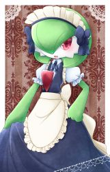 Rule 34 | 1girl, alternate costume, apron, blue dress, blue ribbon, blush, border, brown background, clothed pokemon, colored skin, creatures (company), dress, enmaided, female focus, game freak, gardevoir, gen 3 pokemon, green skin, hair over one eye, hand on own hip, happy, highres, looking at viewer, maid, maid apron, maid headdress, muguet, multicolored skin, neck ribbon, nintendo, open mouth, outside border, pokemon, pokemon (creature), puffy short sleeves, puffy sleeves, red eyes, ribbon, shirt, short sleeves, sleeveless, sleeveless dress, smile, solo, standing, two-tone skin, white apron, white border, white shirt, white skin