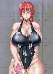 Rule 34 | 1boy, 1girl, absurdres, alternate breast size, black one-piece swimsuit, braid, breasts, brown eyes, cameltoe, censored, chainsaw man, cleft of venus, covered navel, cum, cum on body, cum on breasts, cum on upper body, curvy, erection, facial, game cg, handjob, heavy breathing, hetero, highleg, highleg swimsuit, highres, huge breasts, long hair, looking at another, looking at viewer, makima (chainsaw man), masturbation, one-piece swimsuit, penis, puripuri jet, red hair, shiny clothes, shiny skin, single braid, standing, steaming body, swimsuit, thick thighs, thighs, veins, veiny penis, very long hair, wall, wide hips