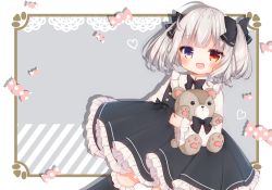 Rule 34 | 1girl, absurdres, blue eyes, bow, dress, frills, hair bow, hari shoku, heterochromia, highres, holding, holding stuffed toy, lolita fashion, looking at viewer, original, red eyes, solo, stuffed animal, stuffed toy, teddy bear, thighhighs, twintails, white hair