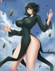 Rule 34 | 1girl, black nails, blue sky, breasts, cloud, contrapposto, dress, fubuki (one-punch man), green dress, green eyes, green hair, kyopink, large breasts, light smile, lips, long sleeves, looking at viewer, navel, one-punch man, open hands, patreon logo, patreon username, short hair, signature, sky, solo, telepathy
