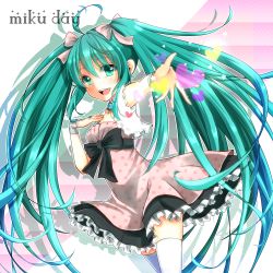 Rule 34 | 1girl, absurdres, ahoge, aoi (kiyokiyoaomushi), character name, dress, green eyes, green hair, hand on own chest, hatsune miku, highres, long hair, matching hair/eyes, open mouth, outstretched arm, solo, thighhighs, twintails, very long hair, vocaloid