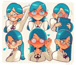 Rule 34 | 1girl, ^ ^, absurdres, adjusting eyewear, blue eyes, blue hair, blush, bow, closed eyes, closed mouth, commentary, dress bow, english commentary, expression chart, gaziter, glasses, grin, hand on eyewear, highres, long sleeves, nervous, original, pout, smile, swept bangs